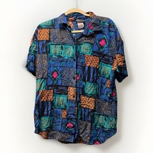 Caliche Collection Vintage Geometric Retro Boho Patchwork Rayon Blouse Size Med